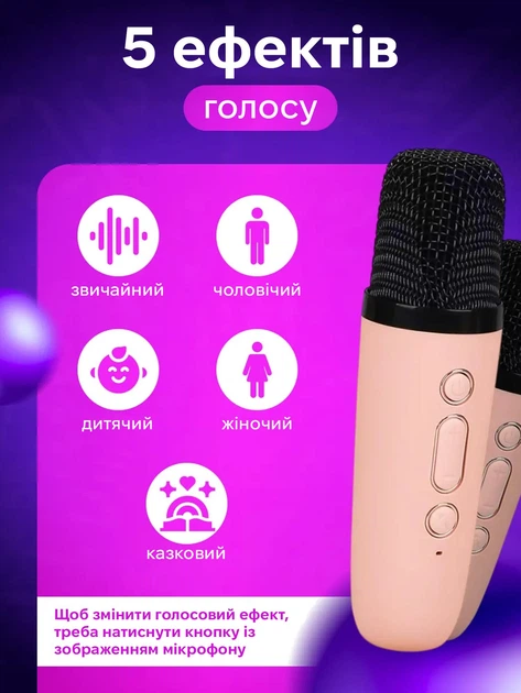 Детское караоке с 2 беспроводными микрофонами K12 и портативной RGB Bluetooth колонкой (Pink) (18964)