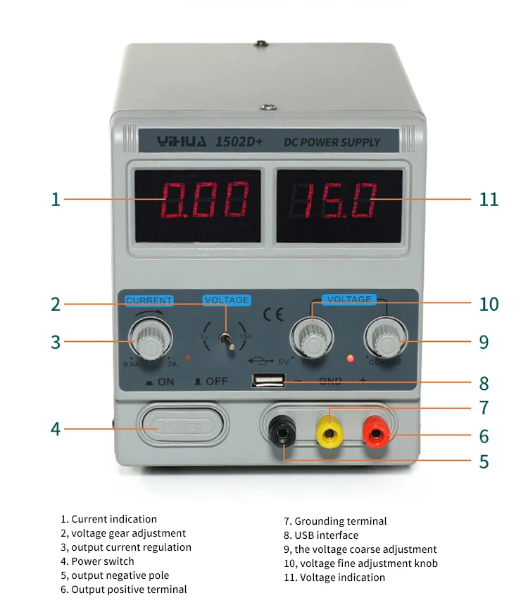 Лабораторный блок питания Yihua 1502D+ Трансформаторный / 15V / 2A / 50W  + USB, цифровая индикация напряжения и тока (19465)