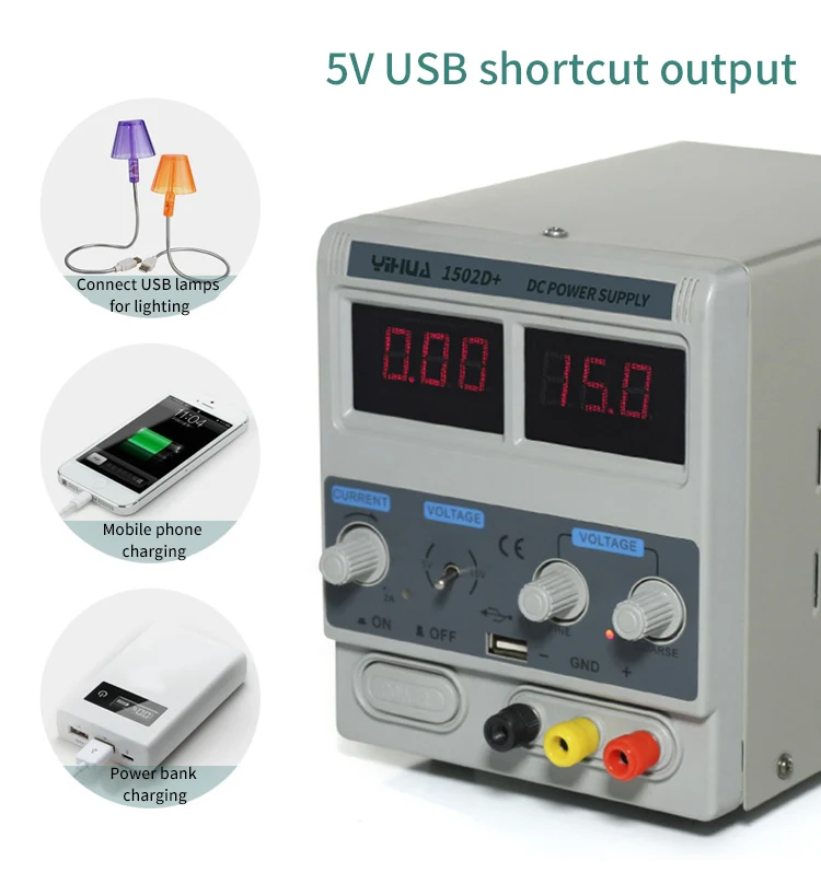 Лабораторный блок питания Yihua 1502D+ Трансформаторный / 15V / 2A / 50W  + USB, цифровая индикация напряжения и тока (19465)
