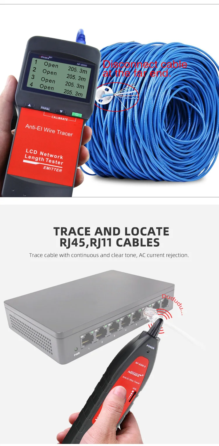 Многофункциональный кабельный тестер Noyafa NF-8200 для RJ45, RJ11  трассоискатель, измеритель расстояний (18890)