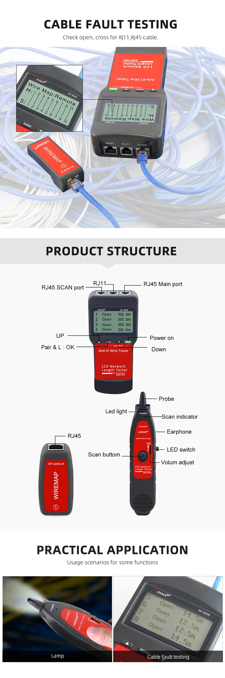 Многофункциональный кабельный тестер Noyafa NF-8200 для RJ45, RJ11  трассоискатель, измеритель расстояний (18890)