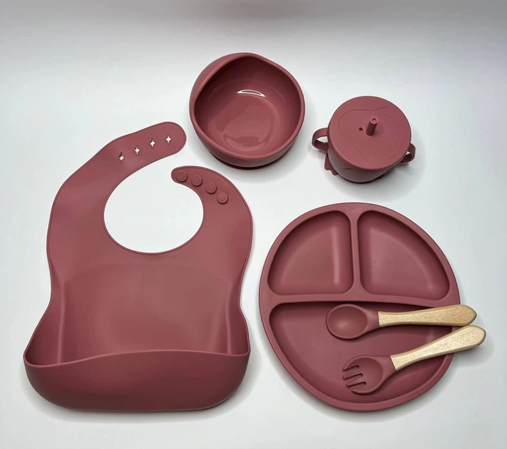Набор детской силиконовой посуды для кормления на присосках 6 предметов (Red) (18972)