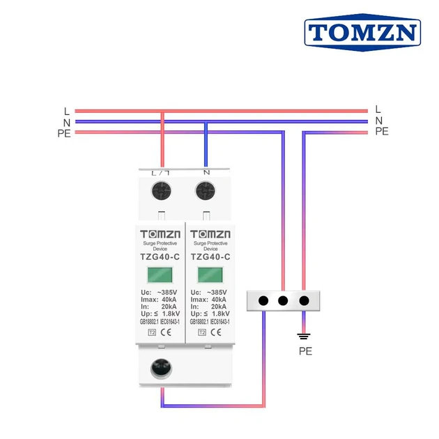 Устройство защиты от импульсных перенапряжений AC TOMZN TZG40-C 2P 20–40kA 275V ограничитель перенапряжения 2х полюсний (19638)