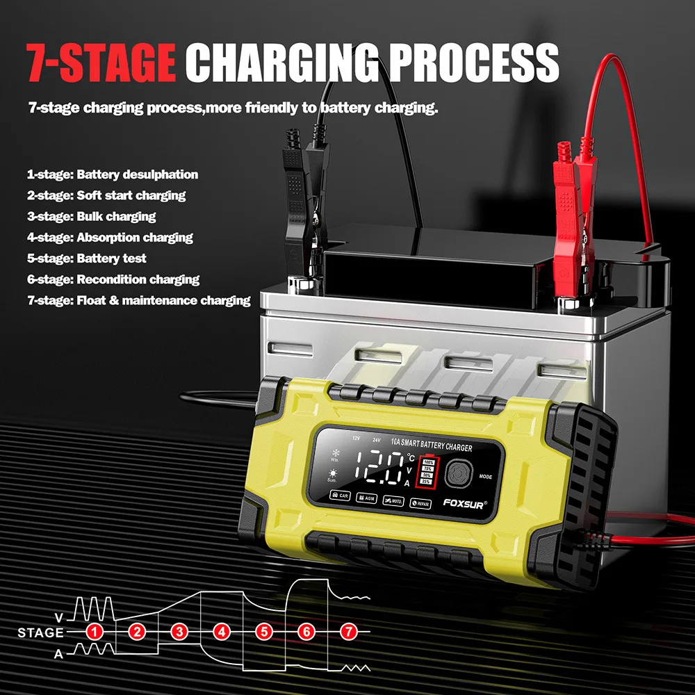 Зарядное устройство автомобильное 12V/24V Foxsur FBC122410E Автоматическое импульсное с функцией восстановления (Yellow) (19432)