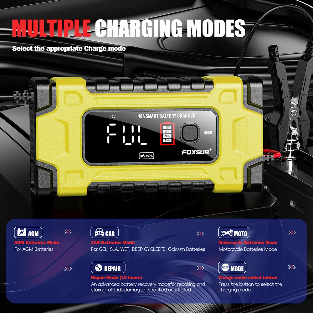 Зарядное устройство автомобильное 12V/24V Foxsur FBC122410E Автоматическое импульсное с функцией восстановления (Yellow) (19432)