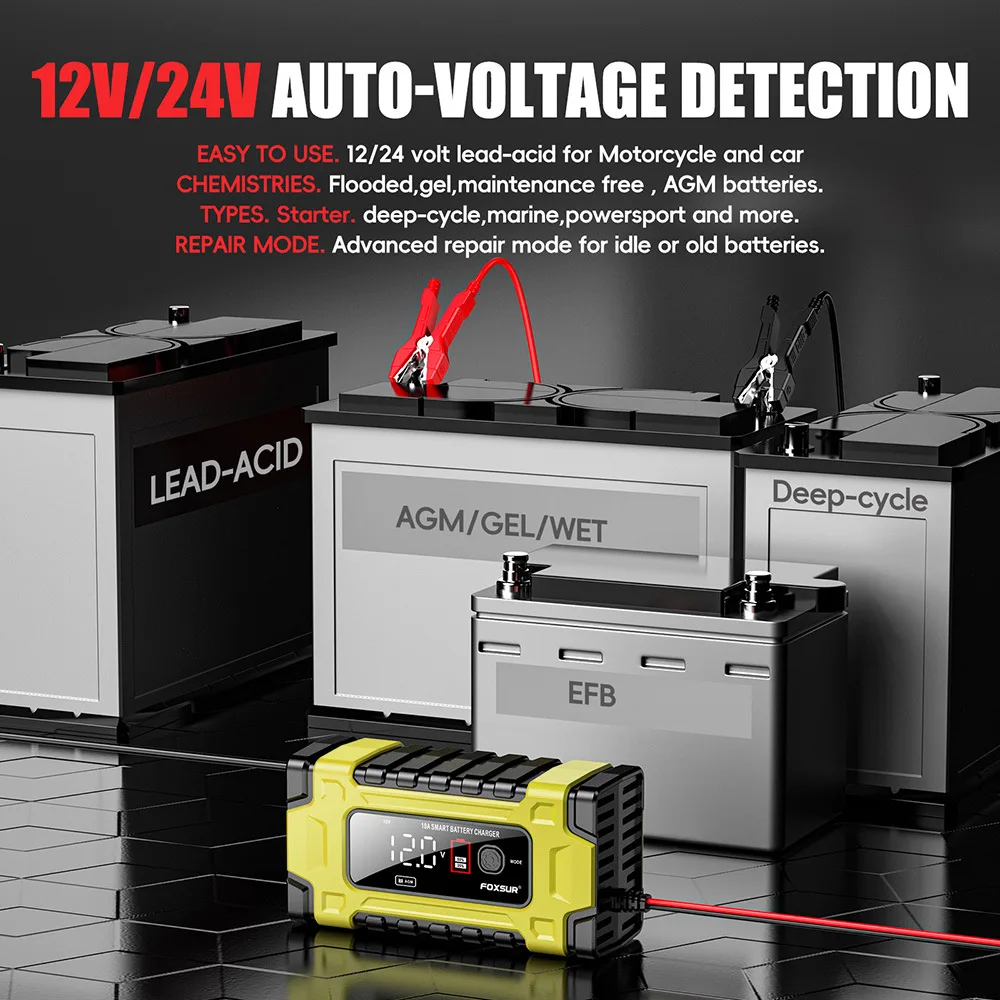 Зарядное устройство автомобильное 12V/24V Foxsur FBC122410E Автоматическое импульсное с функцией восстановления (Yellow) (19432)