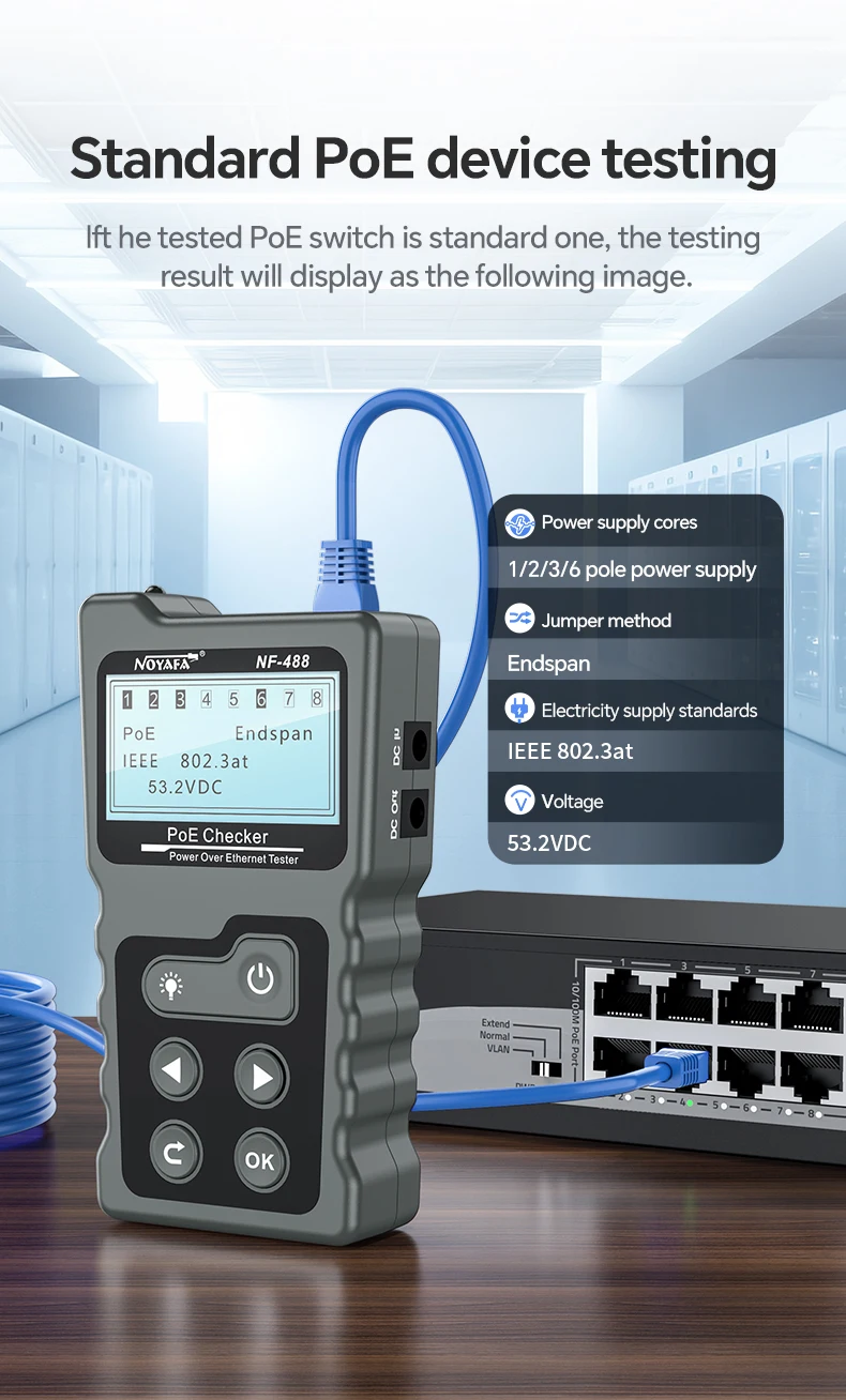 Многофункциональный кабельный тестер Noyafa NF-488 функция PoE Ping для RJ45, DC (18887)