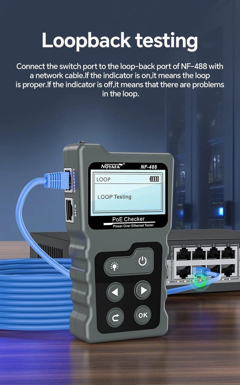 Многофункциональный кабельный тестер Noyafa NF-488 функция PoE Ping для RJ45, DC (18887)