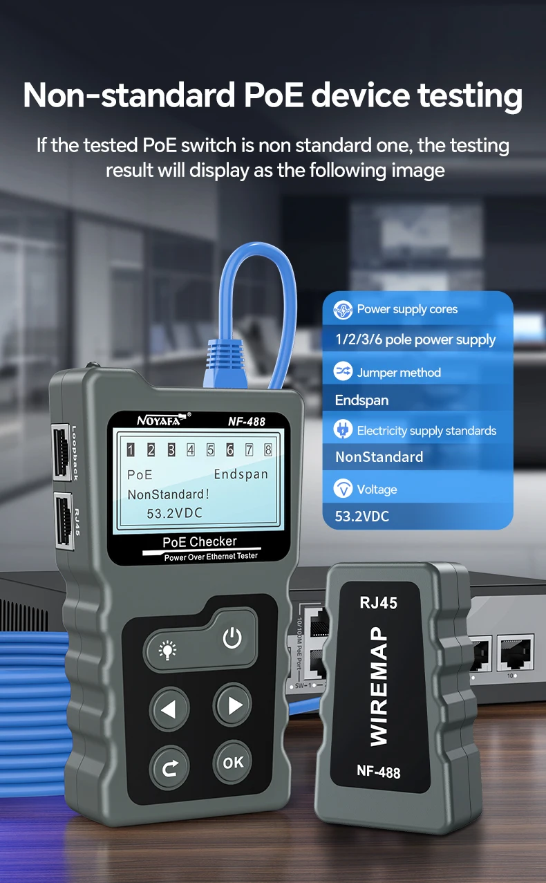 Многофункциональный кабельный тестер Noyafa NF-488 функция PoE Ping для RJ45, DC (18887)