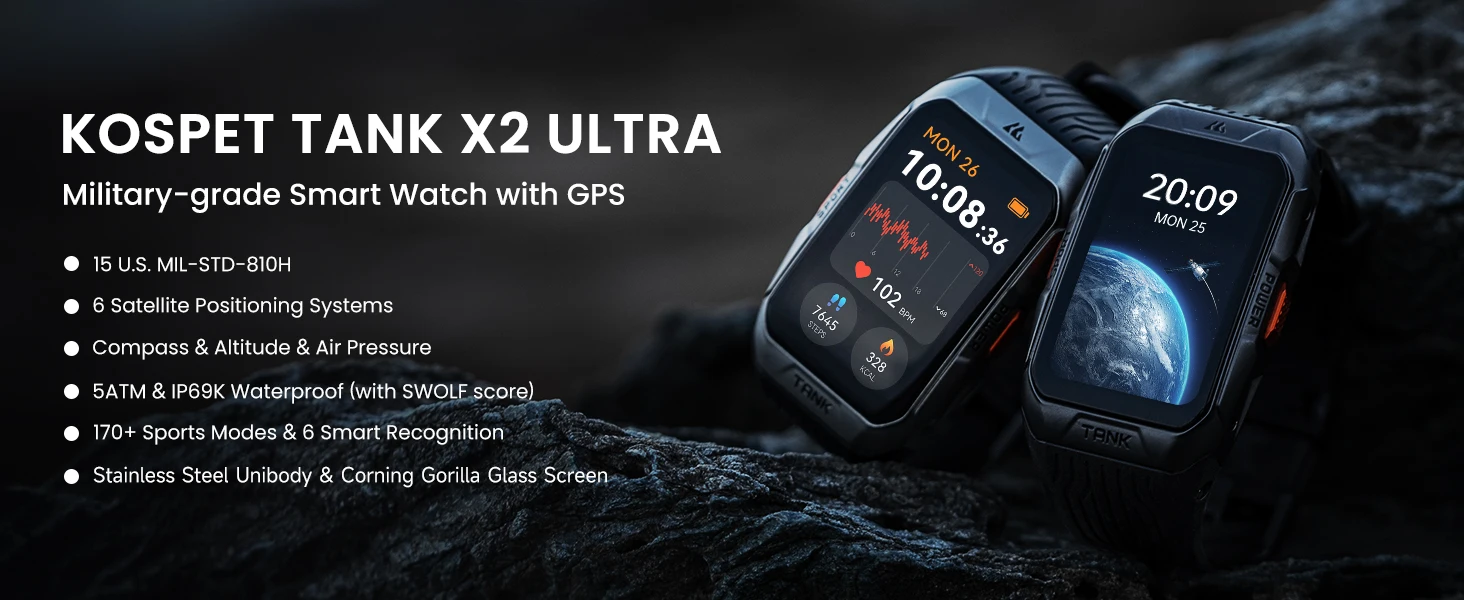 Умные смарт-часы в противоударном тактическом корпусе Kospet Tank X2 Ultra Original (Black) (16978)