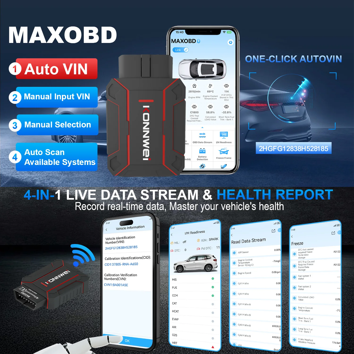 Универсальный автосканер Konnwei MAXOBD Профессиональный диагностический сканер автомобильный ОБД2, EOBD, OBD2 (Black) (19515)