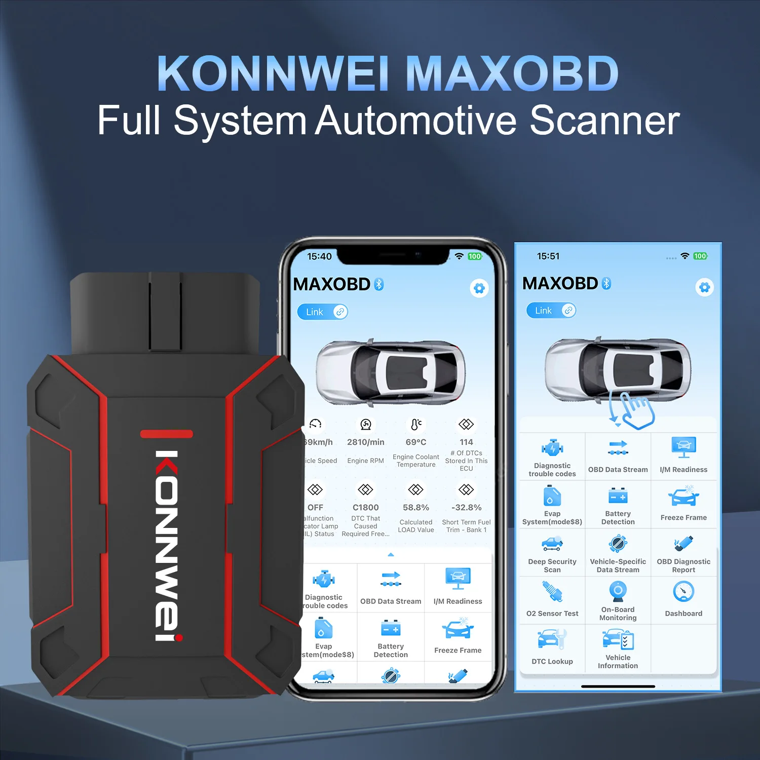 Универсальный автосканер Konnwei MAXOBD Профессиональный диагностический сканер автомобильный ОБД2, EOBD, OBD2 (Black) (19515)