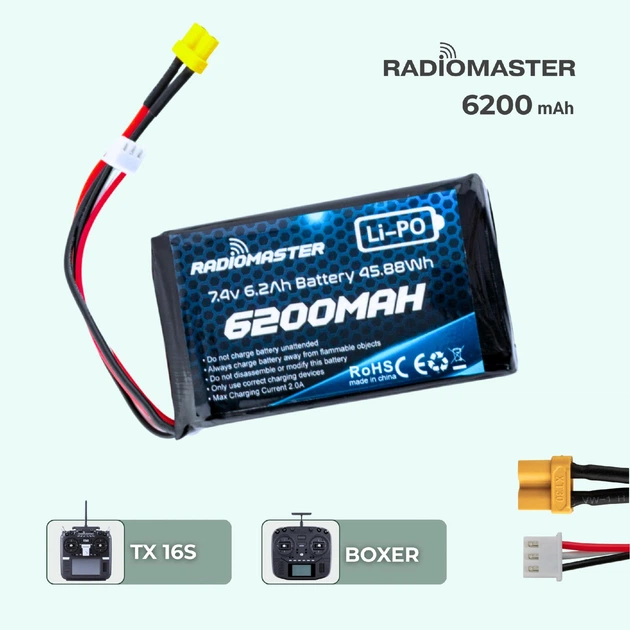 Аккумулятор RadioMaster 2S 6200 mAh FPV JST-XH и XT30, TX16S, BOXER (19262)