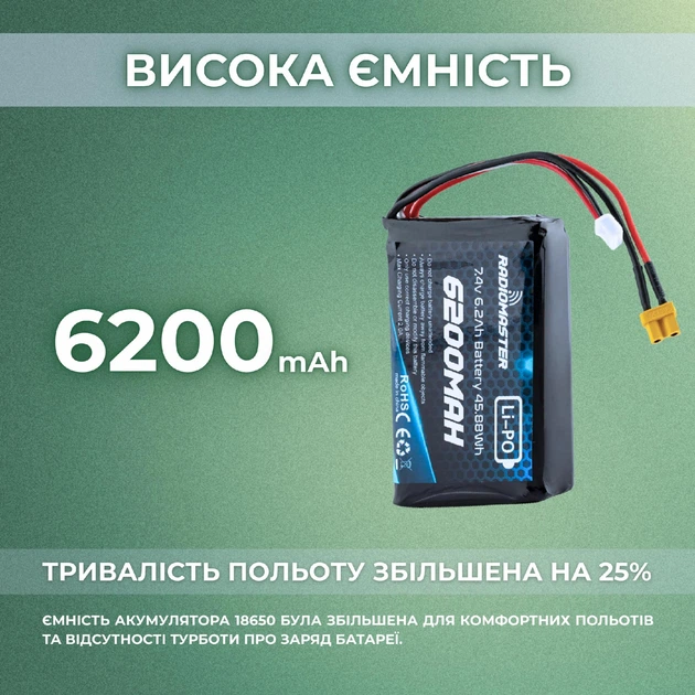 Аккумулятор RadioMaster 2S 6200 mAh FPV JST-XH и XT30, TX16S, BOXER (19262)