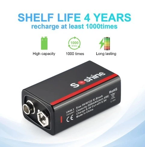 Аккумулятор крона 6F22 Soshine 9V 500 mAh с Type-C зарядкой / Батарейка аккумуляторная (18885)