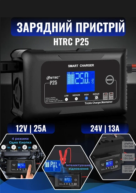 Автоматическое автомобильное зарядное устройство HTRC P25 Импульсное, функция ремонта Repair, десульфатор 12V 25A-24V 13A  LiFePO4, AGM, GEL, EFB, WET (19525)
