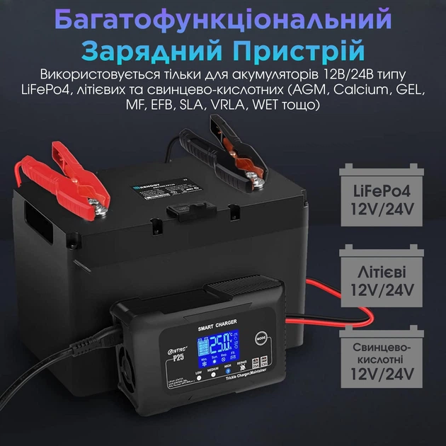 Автоматическое автомобильное зарядное устройство HTRC P25 Импульсное, функция ремонта Repair, десульфатор 12V 25A-24V 13A  LiFePO4, AGM, GEL, EFB, WET (19525)