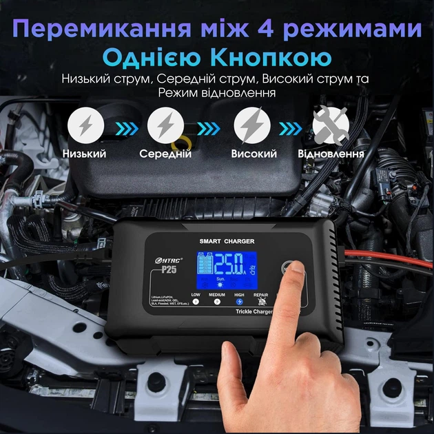 Автоматическое автомобильное зарядное устройство HTRC P25 Импульсное, функция ремонта Repair, десульфатор 12V 25A-24V 13A  LiFePO4, AGM, GEL, EFB, WET (19525)