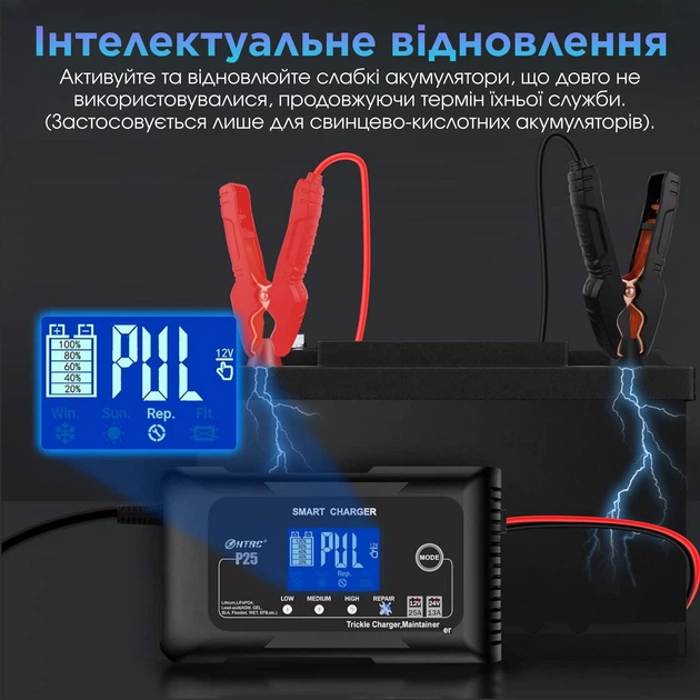 Автоматическое автомобильное зарядное устройство HTRC P25 Импульсное, функция ремонта Repair, десульфатор 12V 25A-24V 13A  LiFePO4, AGM, GEL, EFB, WET (19525)