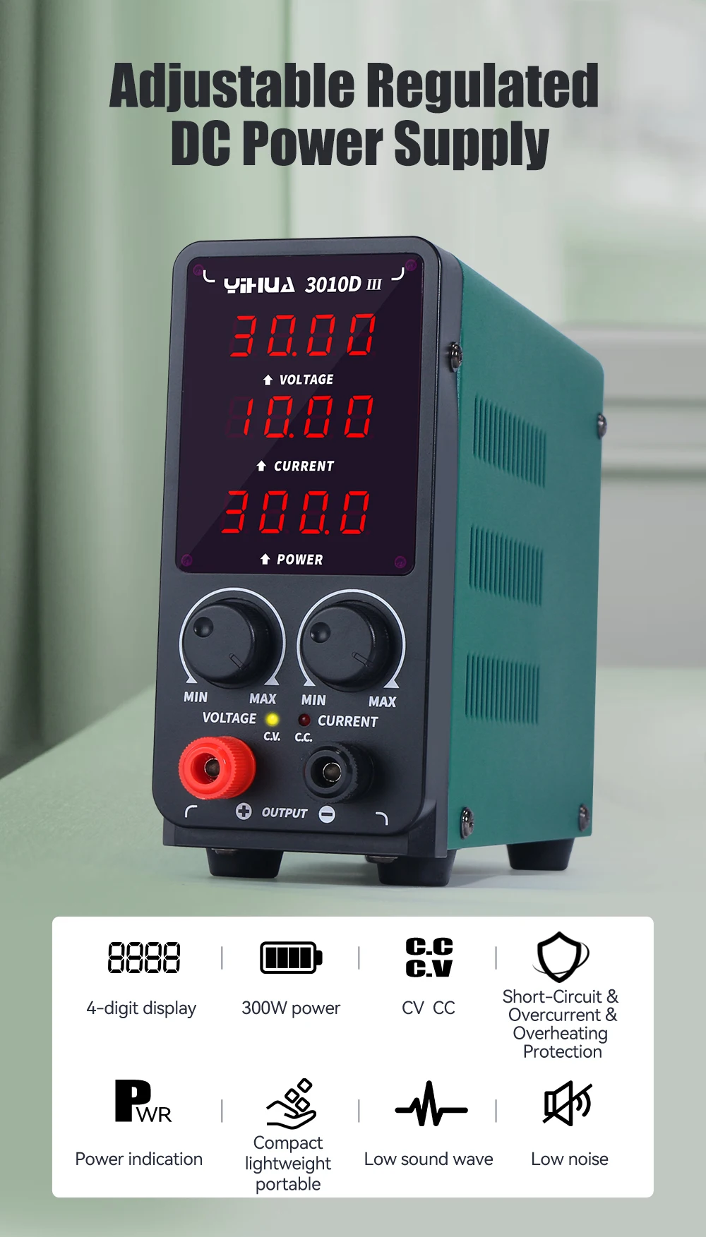 Лабораторный блок питания Yihua 3010D-III Импульсный / 30V / 10A / 300W, цифровая индикация напряжения, тока и мощности (V/A/W) (19466)