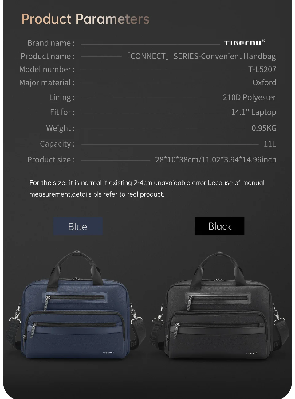 Сумка для ноутбука до 14.1'' Tigernu T-L5207 деловой портфель через плечо 12л (Black) (19392)