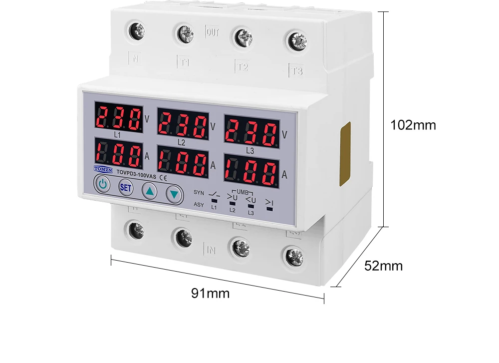 Цифровое реле контроля напряжения и тока трехфазное TOMZN TOVPD3-100VAS 100A 3×220V Умный защитный автомат переменного тока (19601)