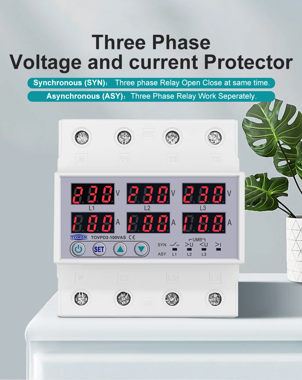 Цифровое реле контроля напряжения и тока трехфазное TOMZN TOVPD3-100VAS 100A 3×220V Умный защитный автомат переменного тока (19601)