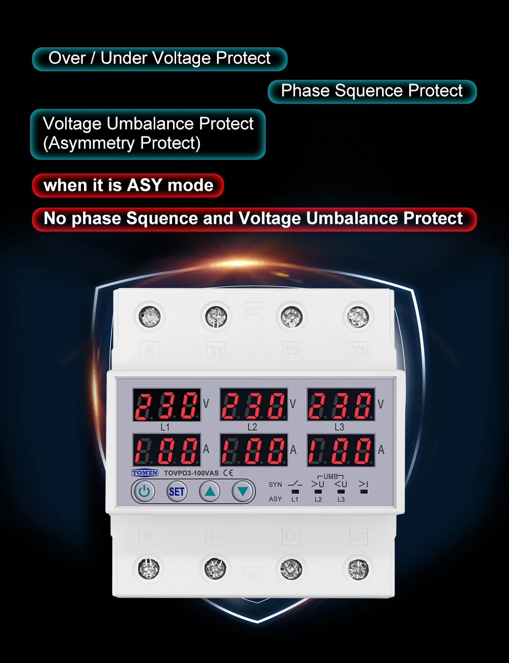 Цифровое реле контроля напряжения и тока трехфазное TOMZN TOVPD3-100VAS 100A 3×220V Умный защитный автомат переменного тока (19601)