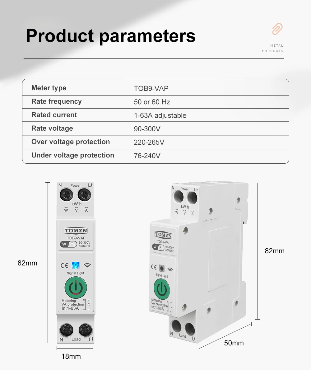 Умный автоматический выключатель Tuya Wi-Fi с защитой TOMZN TOB9-VAP 1P+N 110/220V 1–63A Цифровое реле со счетчиком (19645)