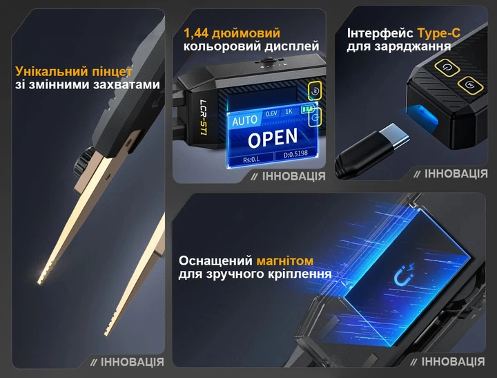 Умный цифровой пинцет-тестер Fnirsi LCR-ST1 измеритель сопротивления емкости и индуктивности (19168)