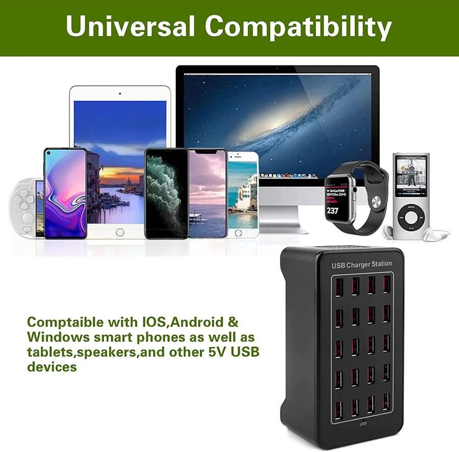 Зарядная станция многопортовая ILEPO на 20 USB портов 100 Вт / сетевое мультизарядное устройство (19013)