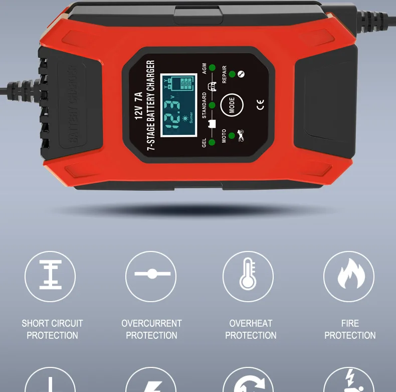 Зарядное устройство автомобильное Foxsur FBC1207D 12V/7А Автоматическое импульсное с функцией восстановления (Red) (19426)